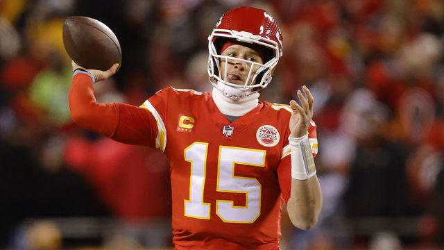 KANSAS CITY, MISSOURI - JANUARY 29: Patrick Mahomes #15 of the Kansas City Chiefs throws a pass against the Cincinnati Bengals during the first quarter in the AFC Championship Game at GEHA Field at Arrowhead Stadium on January 29, 2023 in Kansas City, Missouri.