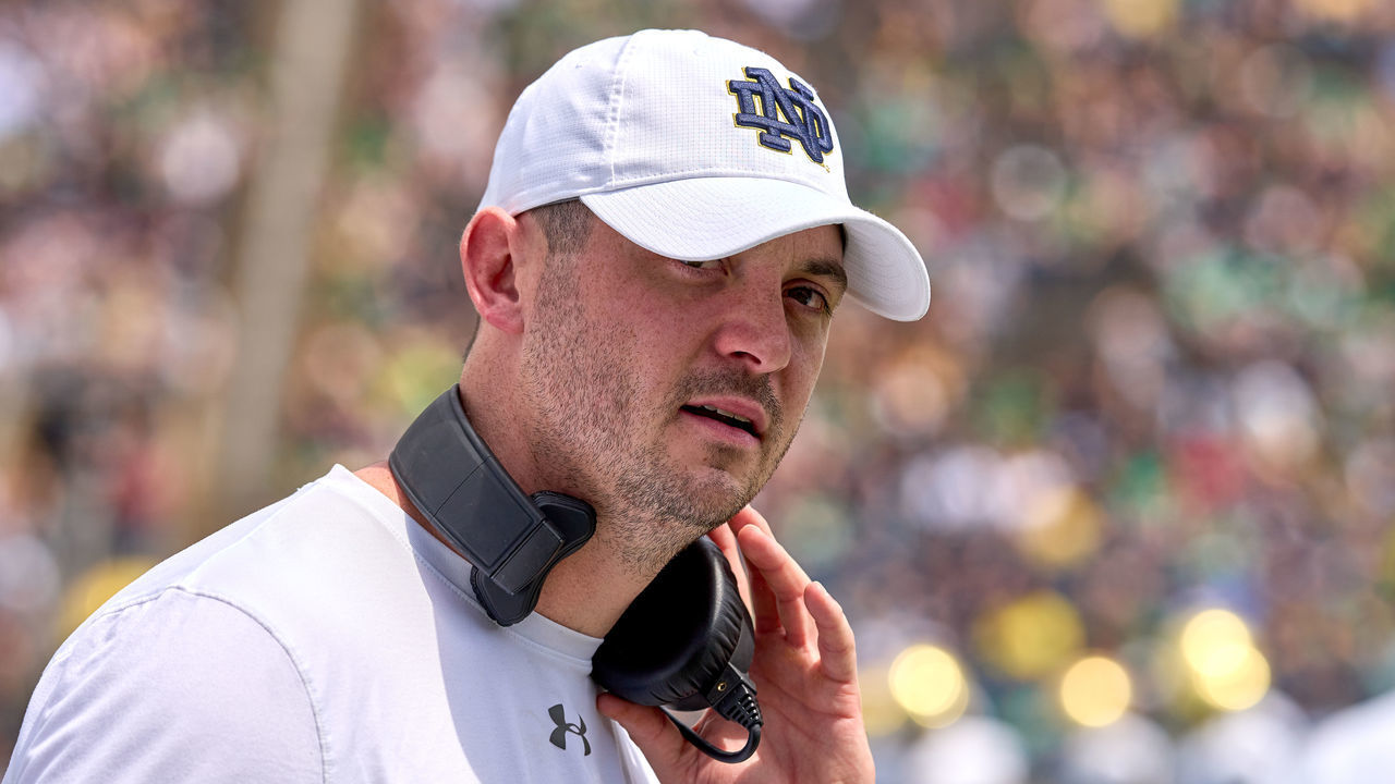 SOUTH BEND, IN - APRIL 23: Notre Dame Offensive Coordinator/Quarterbacks coach Tommy Rees looks on during the Notre Dame Blue-Gold Spring Football Game on April 23, 2022 at Notre Dame Stadium in South Bend, IN.