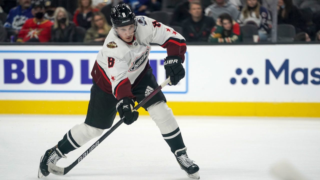 LAS VEGAS, NV - FEBRUARY 05: Colorado Avalanche defenceman Cale Makar (8) makes a pass during the Honda NHL All-Star game on February 5, 2022 at T-Mobile Arena in Las Vegas, Nevada.
