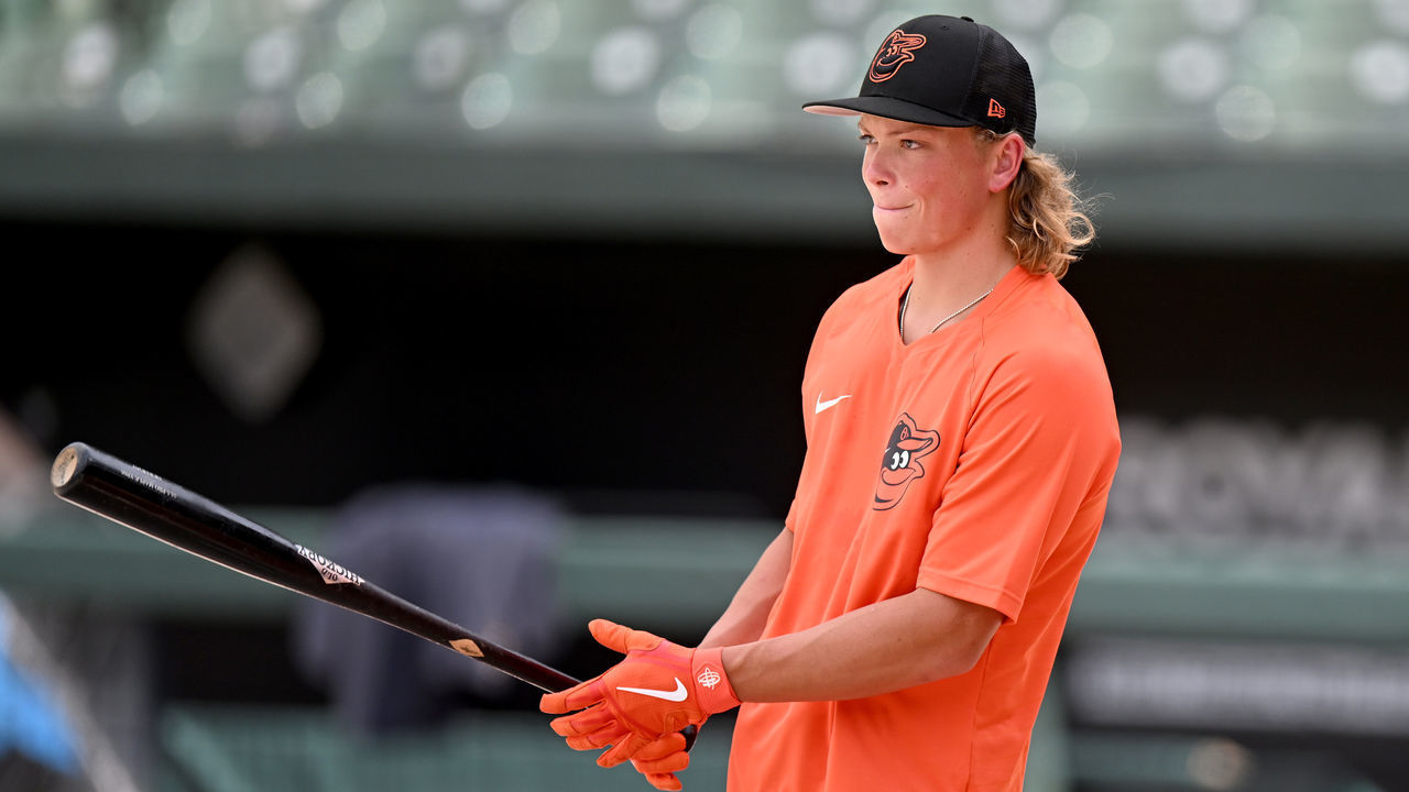 BALTIMORE, MARYLAND - JULY 27: 2022 Baltimore Orioles first round pick, and Number 1 overall selection of the 2022 First-Year Player Draft, Jackson Holliday takes batting practice before the game between the Baltimore Orioles and the Tampa Bay Rays at Oriole Park at Camden Yards on July 27, 2022 in Baltimore, Maryland.