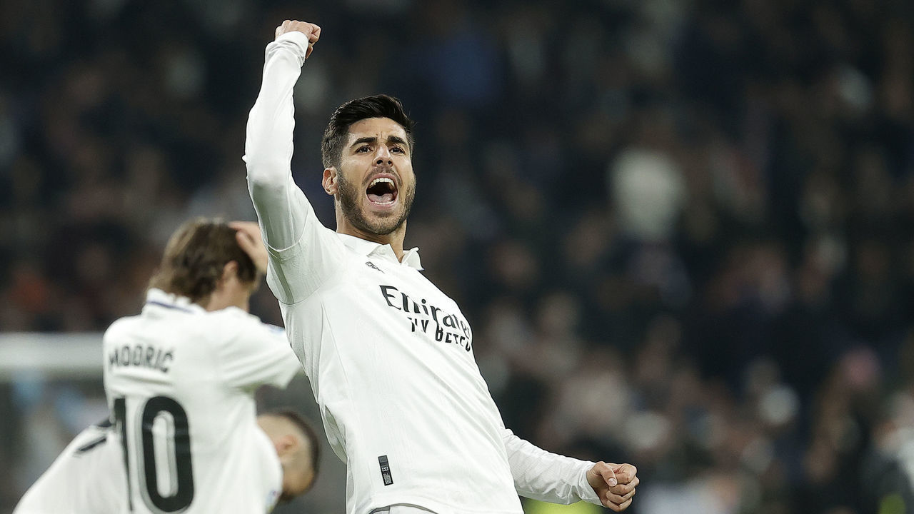 MADRID, SPAIN - FEBRUARY 02: Marco Asensio of Real Madrid celebrates after scoring a goal during the LaLiga Santander match between Real Madrid CF and Valencia CF at Estadio Santiago Bernabeu on February 02, 2023 in Madrid, Spain.