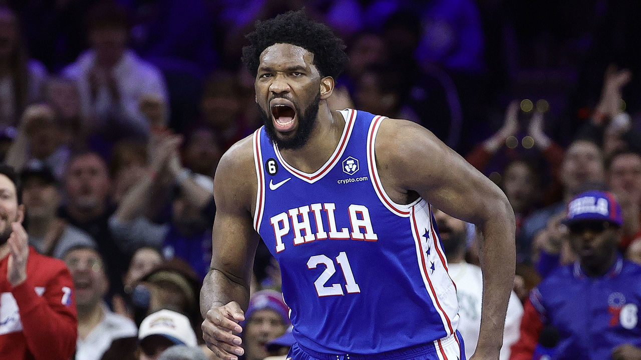 PHILADELPHIA, PENNSYLVANIA - JANUARY 30: Joel Embiid #21 of the Philadelphia 76ers reacts during the fourth quarter against the Orlando Magic at Wells Fargo Center on January 30, 2023 in Philadelphia, Pennsylvania.