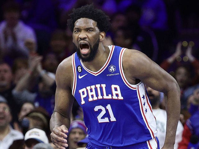 PHILADELPHIA, PENNSYLVANIA - JANUARY 30: Joel Embiid #21 of the Philadelphia 76ers reacts during the fourth quarter against the Orlando Magic at Wells Fargo Center on January 30, 2023 in Philadelphia, Pennsylvania.