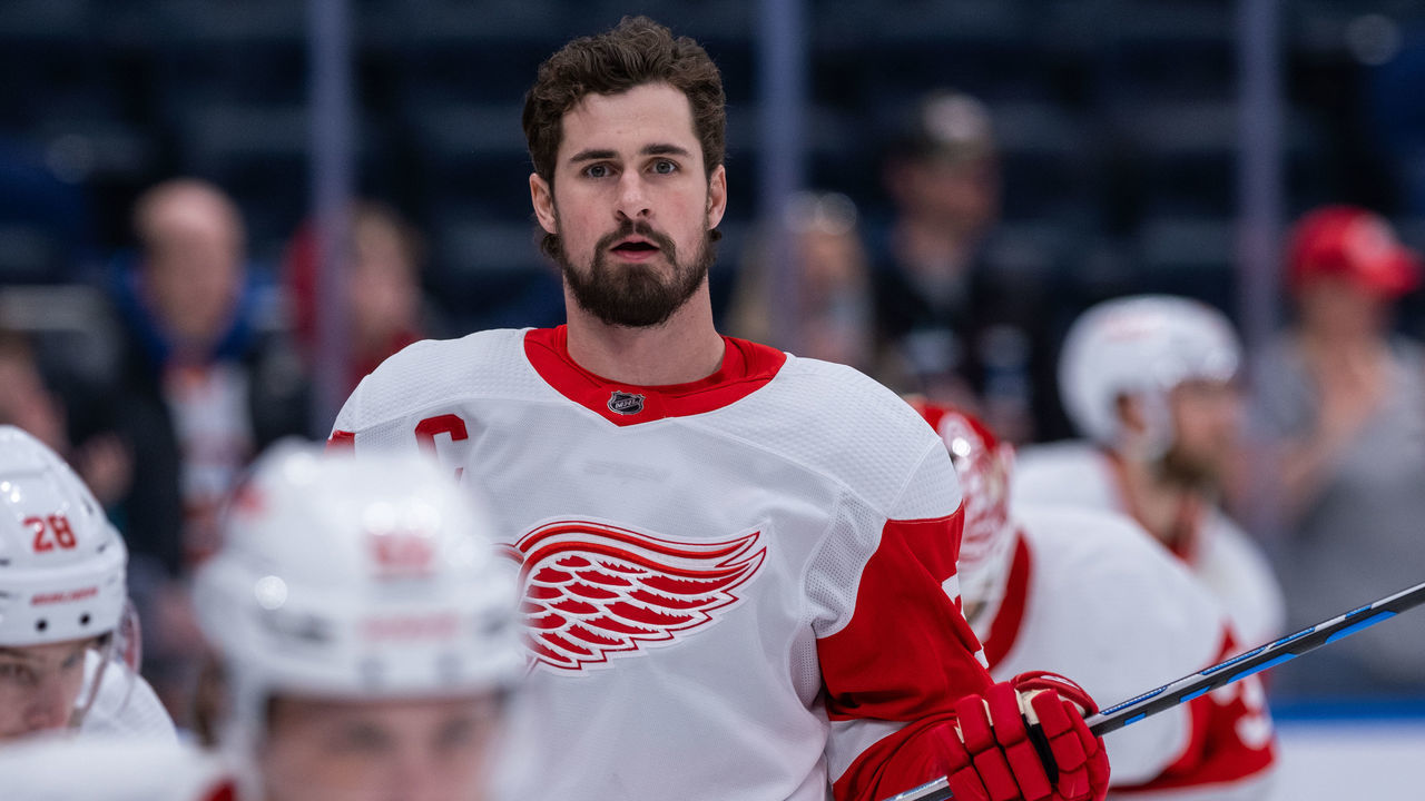 ELMONT, NEW YORK - JANUARY 27: Dylan Larkin #71 of the Detroit Red Wings skates during warmups prior to the game against the New York Islanders at UBS Arena on January 27, 2023 in Elmont, New York.