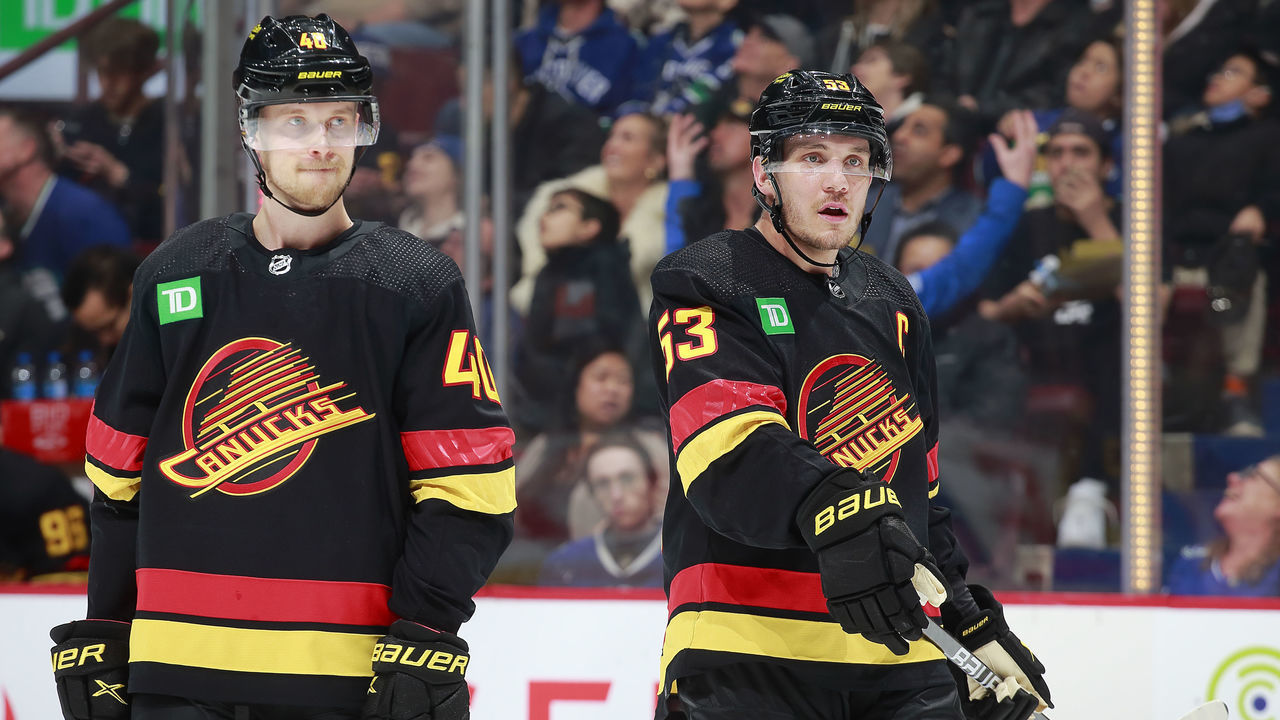 VANCOUVER, CANADA - JANUARY 18: Elias Pettersson #40 and Bo Horvat #53 of the Vancouver Canuck line up for a face-off during their NHL game against the Tampa Bay Lightning at Rogers Arena January 18, 2023 in Vancouver, British Columbia, Canada.