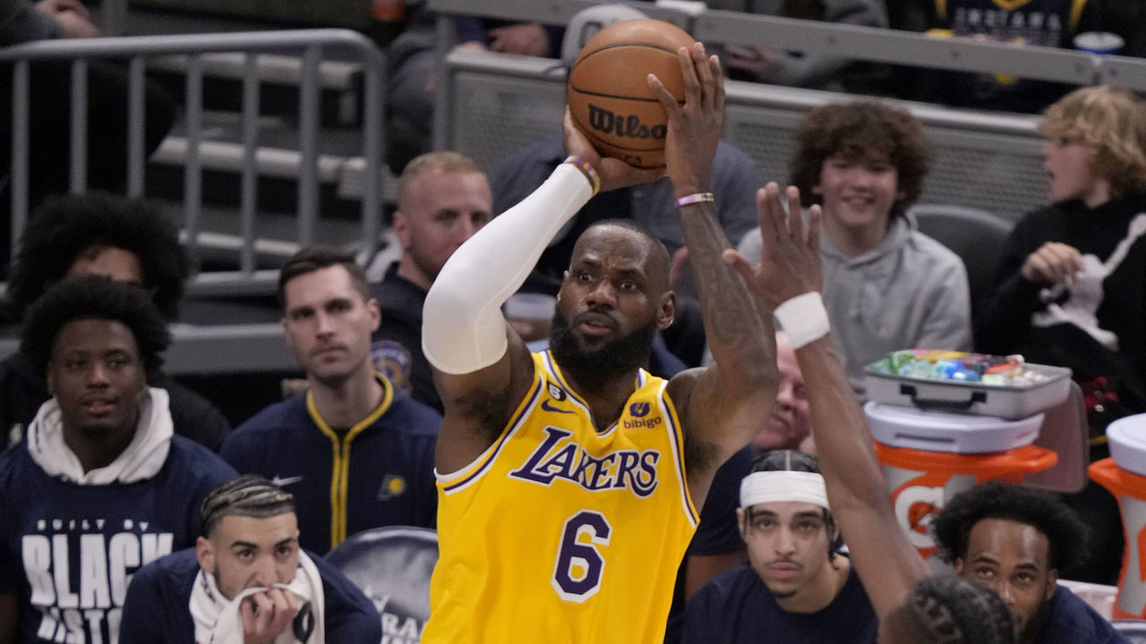 INDIANAPOLIS, IN - FEBRUARY 2: LeBron James #6 of the Los Angeles Lakers shoots a three point basket during the game against the Indiana Pacers on February 2, 2023 at Gainbridge Fieldhouse in Indianapolis, Indiana. Mandatory Copyright Notice: Copyright 2023 NBAE