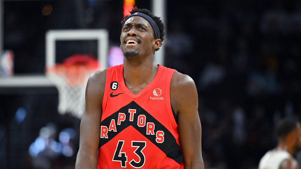 CLEVELAND, OHIO - DECEMBER 23: Pascal Siakam #43 of the Toronto Raptors reacts during the fourth quarter against the Cleveland Cavaliers at Rocket Mortgage Fieldhouse on December 23, 2022 in Cleveland, Ohio. The Raptors defeated the Cavaliers 118-107.