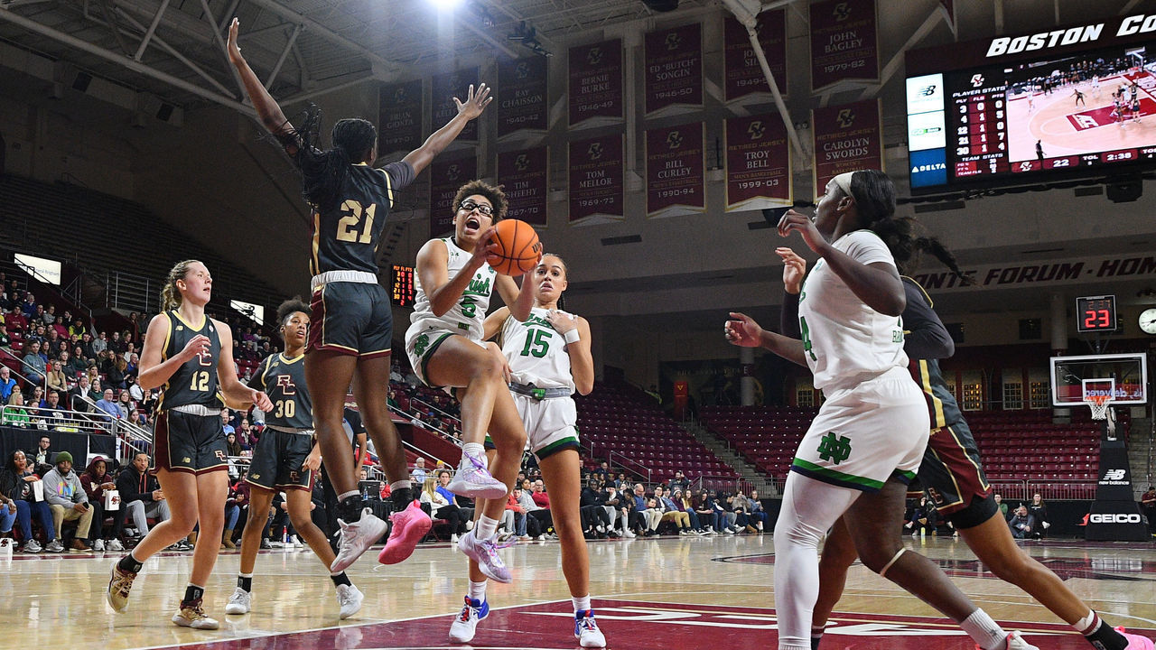 CHESTNUT HILL, MA - FEBRUARY 02: Notre Dame Fighting Irish guard Olivia Miles (5) elevates to shoot the ball during a women's college basketball game between the Notre Dame Fighting Irish and the Boston College Eagles on February 2, 2023, at Conte Forum in Chestnut Hill, MA.