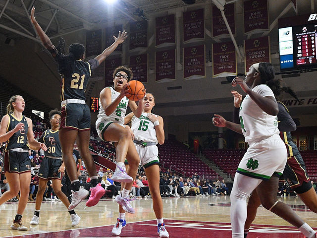 CHESTNUT HILL, MA - FEBRUARY 02: Notre Dame Fighting Irish guard Olivia Miles (5) elevates to shoot the ball during a women's college basketball game between the Notre Dame Fighting Irish and the Boston College Eagles on February 2, 2023, at Conte Forum in Chestnut Hill, MA.