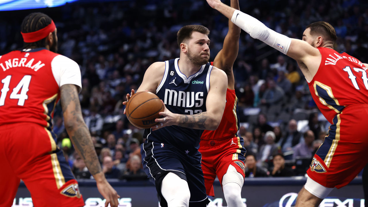 DALLAS, TX - FEBRUARY 2: Luka Doncic #77 of the Dallas Mavericks goes to the basket against the New Orleans Pelicans in the first half at American Airlines Center on February 2, 2023 in Dallas, Texas.