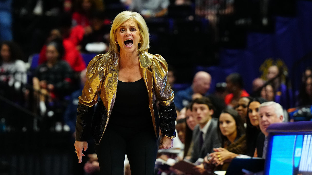 BATON ROUGE, LA - MARCH 19: LSU Tigers head coach Kim Mulkey yells down the court during the first half of the game between the LSU Tigers and the Jackson State Lady Tigers during the first round of the 2022 NCAA Women's Basketball Tournament held at the Pete Maravich Assembly Center on March 19, 2022 in Baton Rouge, Louisiana.