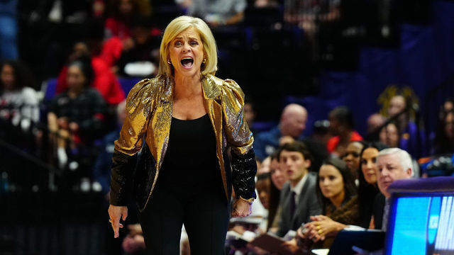 BATON ROUGE, LA - MARCH 19: LSU Tigers head coach Kim Mulkey yells down the court during the first half of the game between the LSU Tigers and the Jackson State Lady Tigers during the first round of the 2022 NCAA Women's Basketball Tournament held at the Pete Maravich Assembly Center on March 19, 2022 in Baton Rouge, Louisiana.