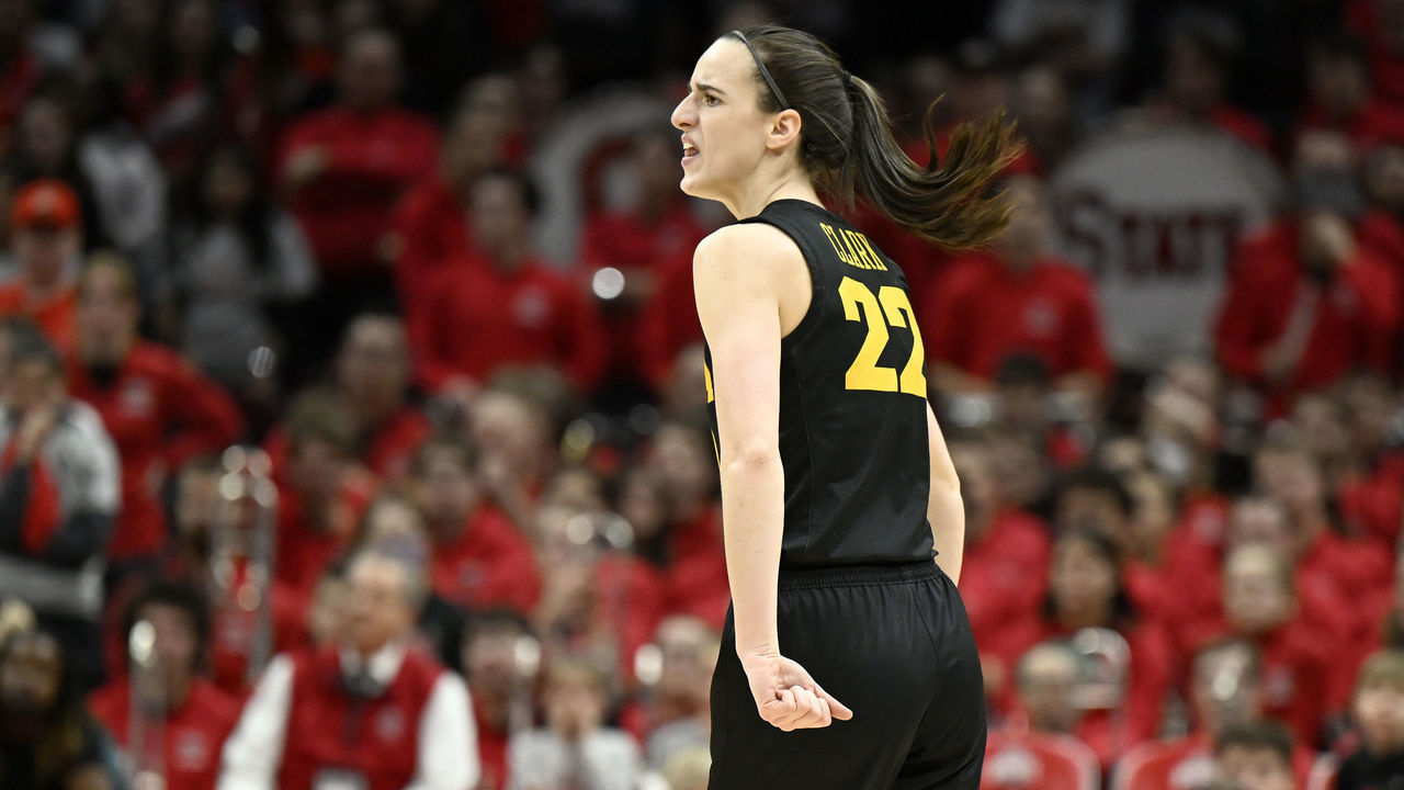 COLUMBUS, OHIO - JANUARY 23: Caitlin Clark #22 of the Iowa Hawkeyes celebrates during the game against the Ohio State Buckeyes at Jerome Schottenstein Center on January 23, 2023 in Columbus, Ohio.
