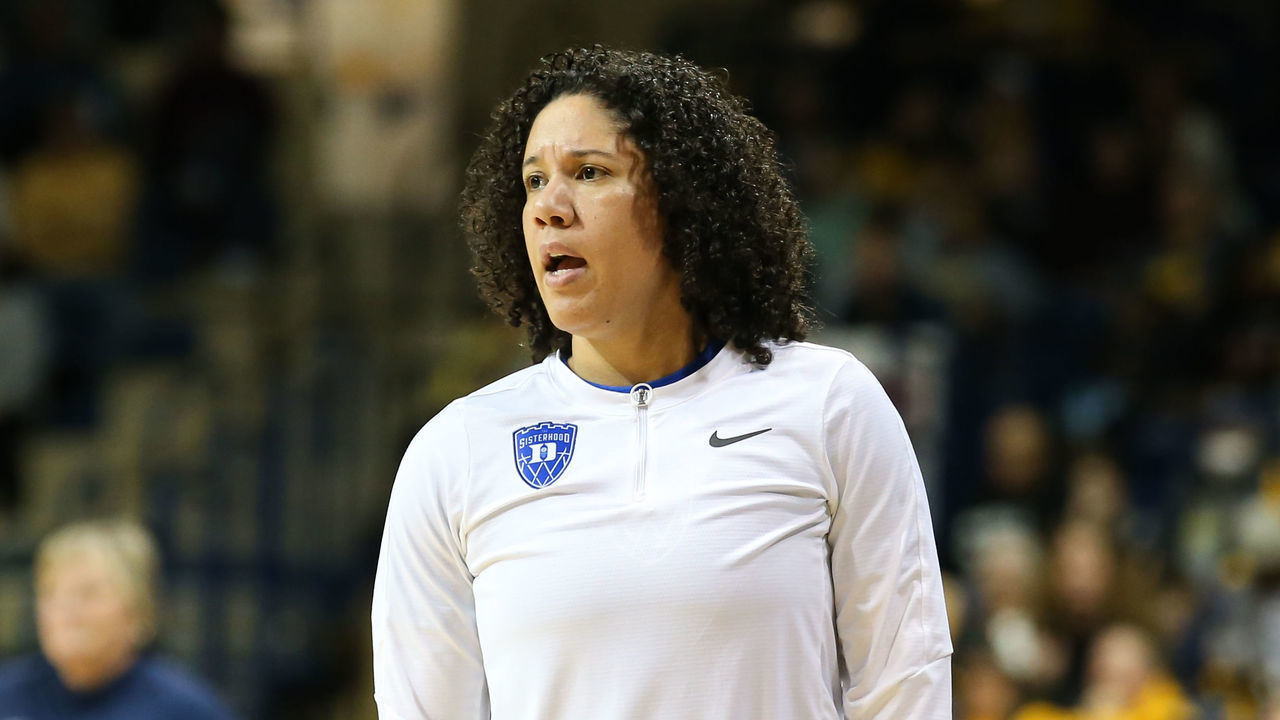 TOLEDO, OH - NOVEMBER 20: Duke Blue Devils head coach Kara Lawson watches the action on the court during a regular season non-conference womens college basketball game between the Duke Blue Devils and the Toledo Rockets on November 20, 2022 at Savage Arena in Toledo, Ohio.