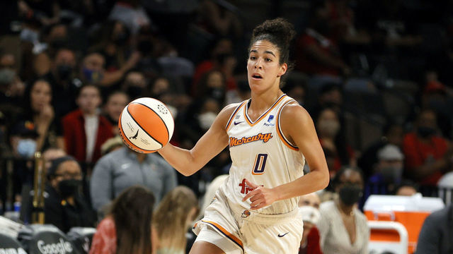 LAS VEGAS, NEVADA - SEPTEMBER 30: Kia Nurse #0 of the Phoenix Mercury brings the ball up the court against the Las Vegas Aces during Game Two of the 2021 WNBA Playoffs semifinals at Michelob ULTRA Arena on September 30, 2021 in Las Vegas, Nevada. The Mercury defeated the Aces 117-91.
