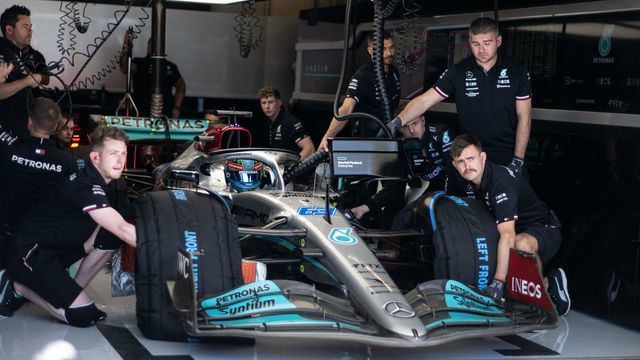 Mercedes' British driver George Russell waits to leave the garage during the third practice session for the Formula One United States Grand Prix, at the Circuit of the Americas in Austin, Texas, on October 22, 2022.