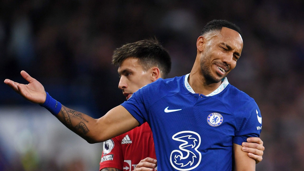 LONDON, ENGLAND - OCTOBER 22: Pierre-Emerick Aubameyang of Chelsea reacts during the Premier League match between Chelsea FC and Manchester United at Stamford Bridge on October 22, 2022 in London, England.
