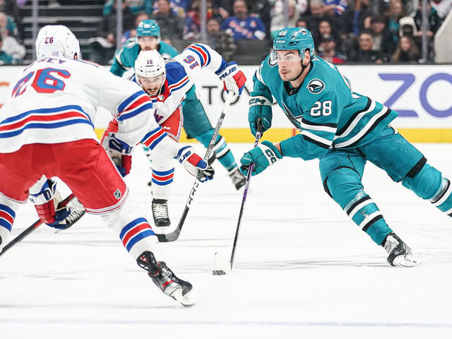 SAN JOSE, CA - NOVEMBER 19: Timo Meier #28 of the San Jose Sharks skates ahead with the puck against the New York Rangers at SAP Center on November 19, 2022 in San Jose, California.
