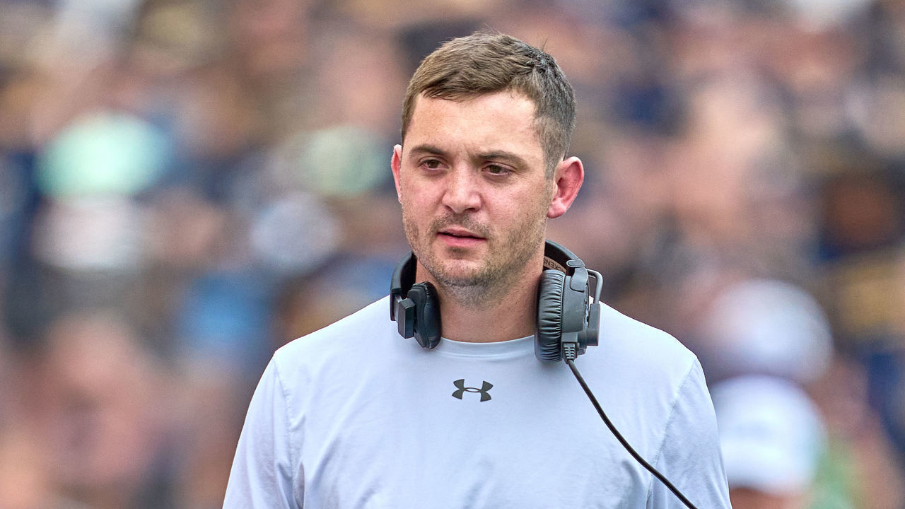 SOUTH BEND, IN - APRIL 23: Notre Dame Fighting Irish offensive coordinator Tommy Rees looks on during the Notre Dame Blue-Gold Spring Football Game on April 23, 2022 at Notre Dame Stadium in South Bend, IN.