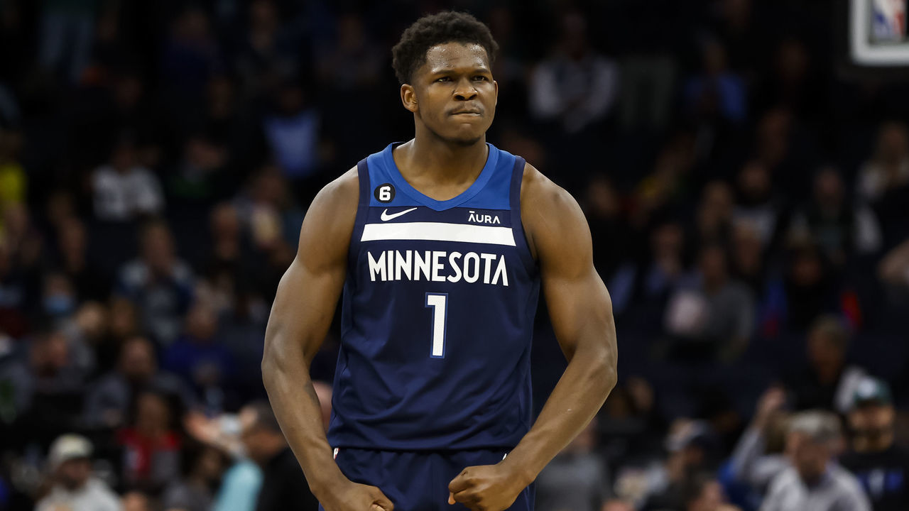 MINNEAPOLIS, MN - JANUARY 30: Anthony Edwards #1 of the Minnesota Timberwolves reacts to teammate Rudy Gobert drawing a foul against the Sacramento Kings in the third quarter at Target Center on January 30, 2023 in Minneapolis, Minnesota. The Kings defeated the Timberwolves 118-111 in overtime.