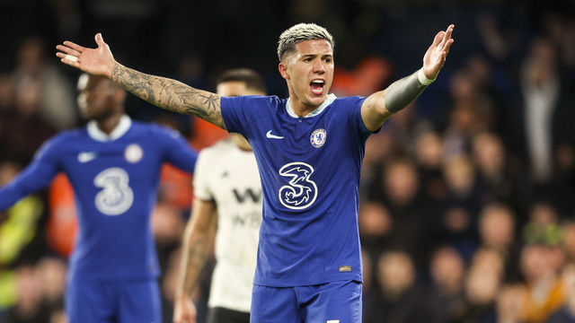 LONDON, ENGLAND - FEBRUARY 03: Enzo Fernández of Chelsea reacts during the Premier League match between Chelsea FC and Fulham FC at Stamford Bridge on February 03, 2023 in London, England.