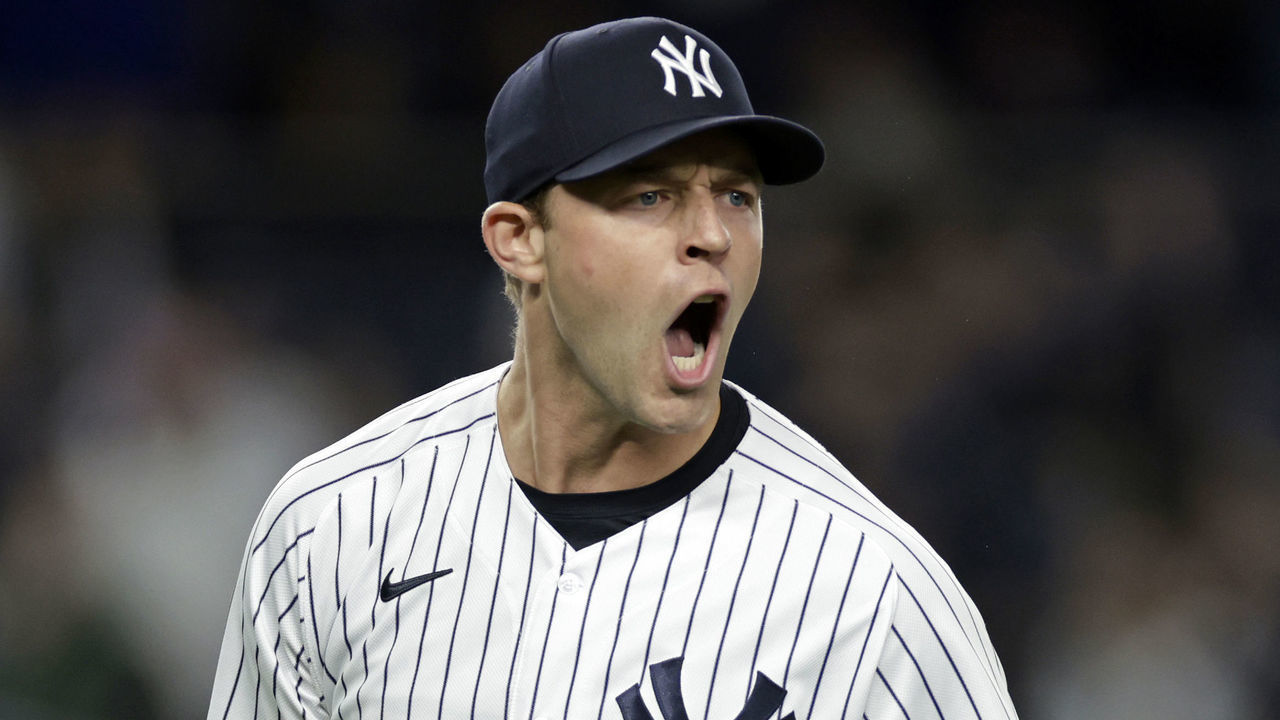NEW YORK, NY - APRIL 14: Michael King #34 of the New York Yankees reacts after the final out of the game against the Toronto Blue Jays during the ninth inning at Yankee Stadium on April 14, 2022 in the Bronx borough of New York City. The Yankees won 3-0.