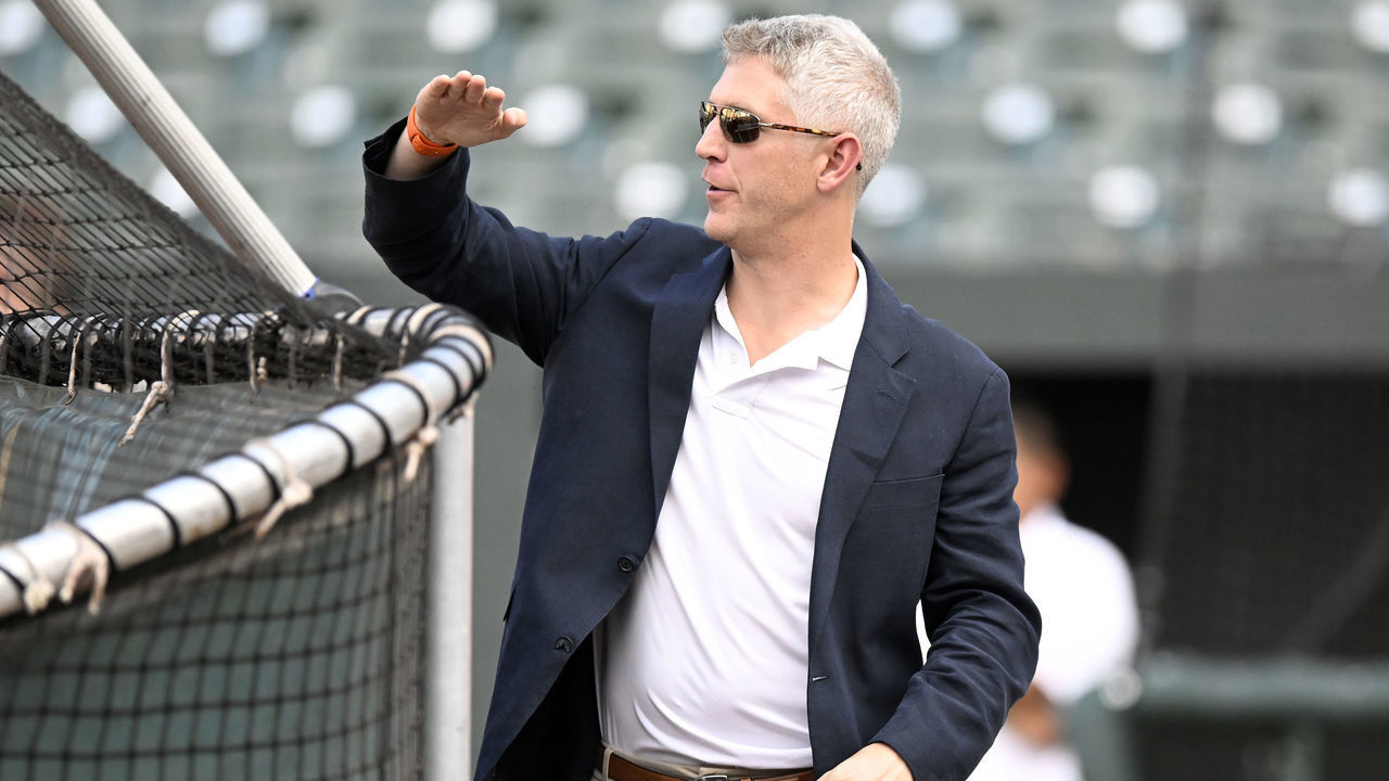BALTIMORE, MARYLAND - SEPTEMBER 21: General Manager Mike Elias of the Baltimore Orioles watches batting practice before the game against the Detroit Tigers at Oriole Park at Camden Yards on September 21, 2022 in Baltimore, Maryland.