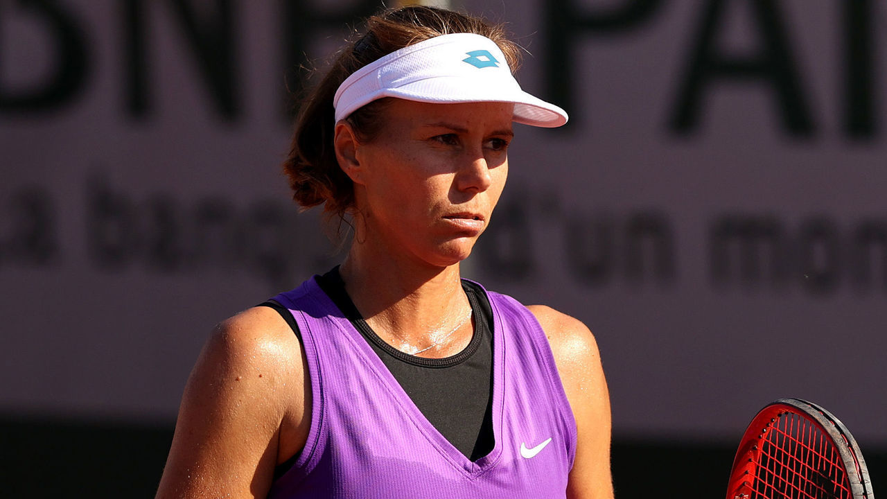 PARIS, FRANCE - JUNE 01: Varvara Lepchenko of The United States celebrates in their ladies first round match against Zhang Shuai of China during day three of the 2021 French Open at Roland Garros on June 01, 2021 in Paris, France.