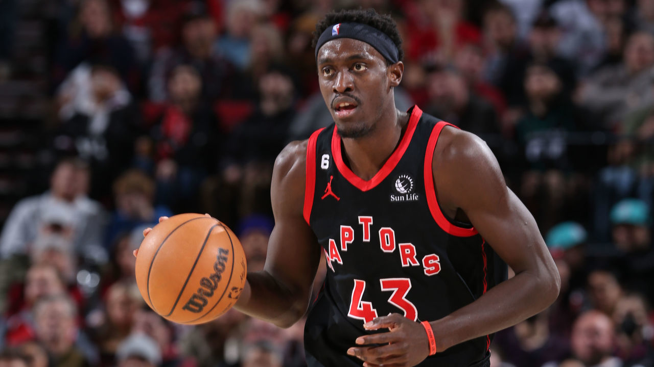 PORTLAND, OR - JANUARY 28: Pascal Siakam #43 of the Toronto Raptors dribbles the ball during the game against the Portland Trail Blazers on January 28, 2023 at the Moda Center Arena in Portland, Oregon. Mandatory Copyright Notice: Copyright 2023 NBAE