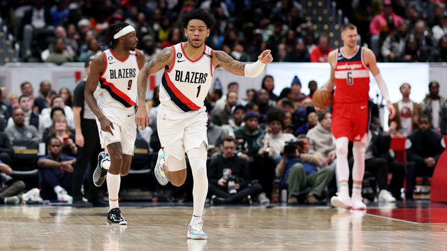 WASHINGTON, DC - FEBRUARY 03: Anfernee Simons #1 of the Portland Trail Blazers celebrates after scoring against the Washington Wizards in the second half at Capital One Arena on February 03, 2023 in Washington, DC.