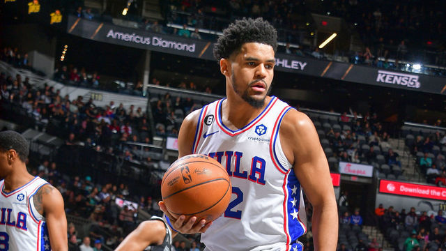 SAN ANTONIO, TX - FEBUARY 3: Tobias Harris #12 of the Philadelphia 76ers looks on during the game on Febuary 3, 2023 at the AT&T Center in San Antonio, Texas. Mandatory Copyright Notice: Copyright 2023 NBAE (Photos by Michael Gonzales/NBAE via Getty Images)