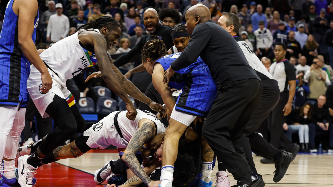 MINNEAPOLIS, MN - FEBRUARY 03: Members of the Orlando Magic and Minnesota Timberwolves get into a scrum in the third quarter of the game at Target Center on February 03, 2023 in Minneapolis, Minnesota. Mo Bamba #11, Jalen Suggs #4 of the Orlando Magic and Austin Rivers #25 of the Minnesota Timberwolves were ejected from the game.