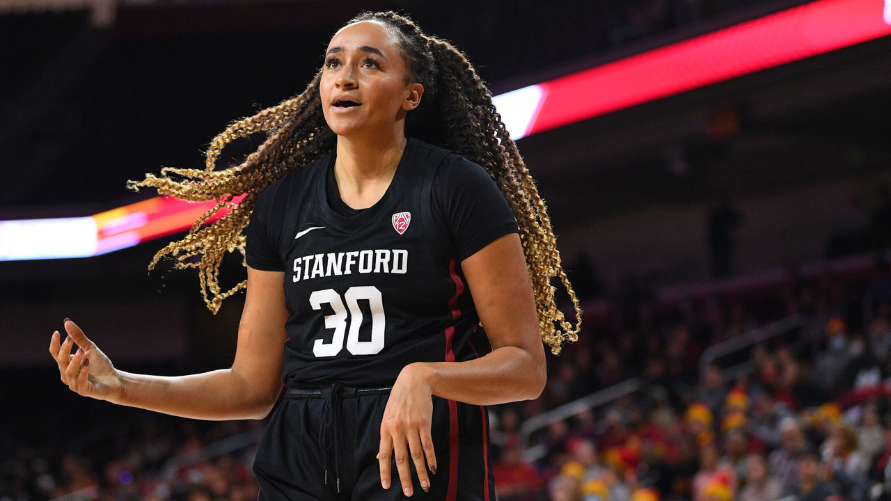 LOS ANGELES, CA - JANUARY 15: Stanford Cardinal guard Haley Jones (30) reacts to a call during the women's college basketball game between the Stanford Cardinal and the USC Trojans on January 15, 2023 at Galen Center in Los Angeles, CA.