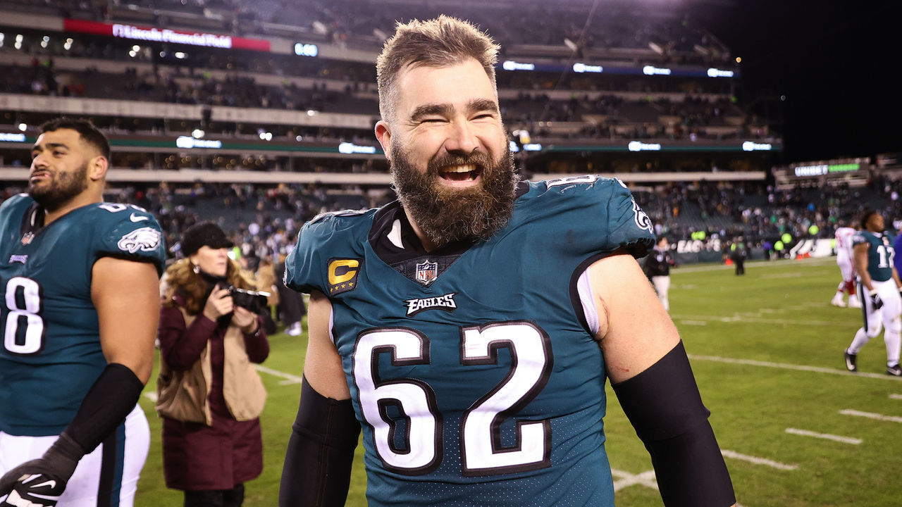PHILADELPHIA, PENNSYLVANIA - JANUARY 21: Jason Kelce #62 of the Philadelphia Eagles celebrates on the field after defeating the New York Giants 38-7 in the NFC Divisional Playoff game at Lincoln Financial Field on January 21, 2023 in Philadelphia, Pennsylvania.