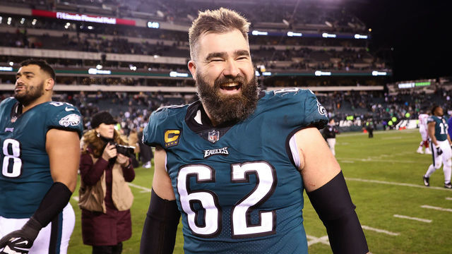 PHILADELPHIA, PENNSYLVANIA - JANUARY 21: Jason Kelce #62 of the Philadelphia Eagles celebrates on the field after defeating the New York Giants 38-7 in the NFC Divisional Playoff game at Lincoln Financial Field on January 21, 2023 in Philadelphia, Pennsylvania.