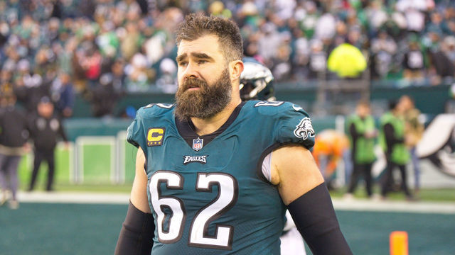 PHILADELPHIA, PA - JANUARY 29: Philadelphia Eagles center Jason Kelce (62) looks on during the Championship game between the San Fransisco 49ers and the Philadelphia Eagles on January 29, 2023.
