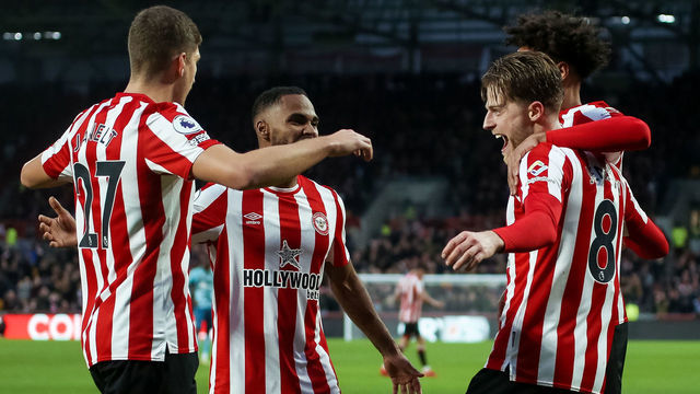 Brentfords Mathias Jensen celebrates scoring their side's third goal of the game during the Premier League match at the Gtech Community Stadium, London. Picture date: Saturday February 4, 2023.