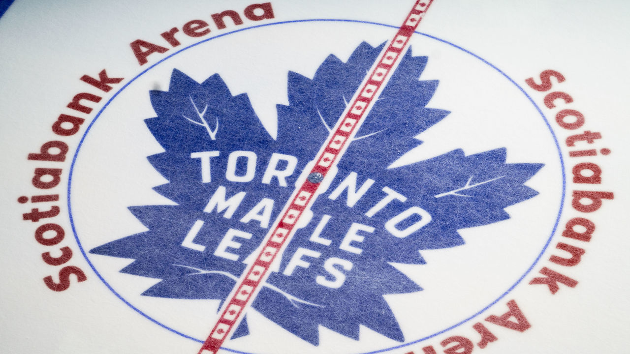 TORONTO, ON - JANUARY 12: Toronto Maple Leafs logo pictured at centre ice at the Scotiabank Arena on January 12, 2019 in Toronto, Ontario, Canada.