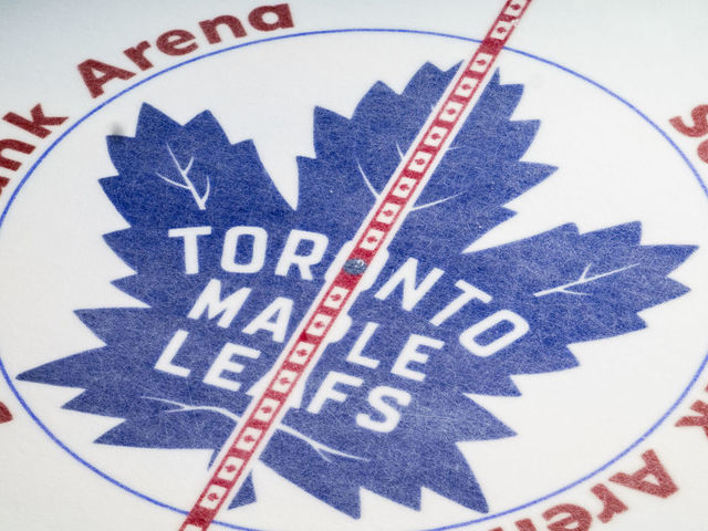 TORONTO, ON - JANUARY 12: Toronto Maple Leafs logo pictured at centre ice at the Scotiabank Arena on January 12, 2019 in Toronto, Ontario, Canada.