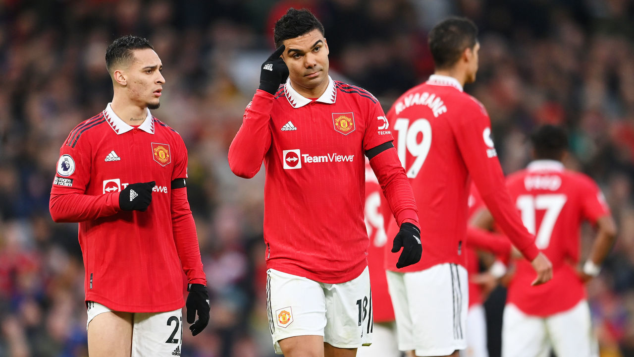 MANCHESTER, ENGLAND - FEBRUARY 04: Casemiro of Manchester United reacts after being shown a red card during the Premier League match between Manchester United and Crystal Palace at Old Trafford on February 04, 2023 in Manchester, England.