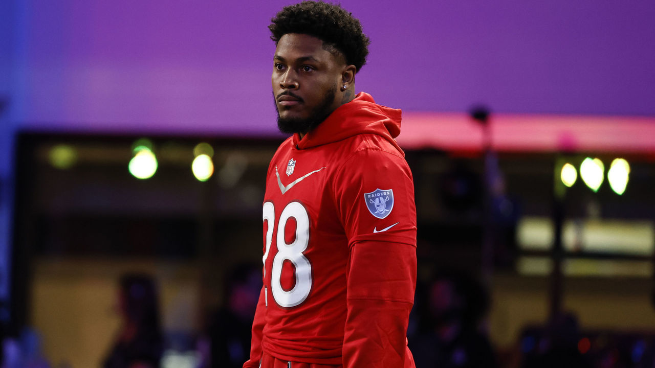 LAS VEGAS, NEVADA - FEBRUARY 02: AFC running back Josh Jacobs #28 of the Las Vegas Raiders looks on as he competes in the Epic Pro Bowl Dodgeball event during the Pro Bowl Games skills events on February 02, 2023 in Las Vegas, Nevada.
