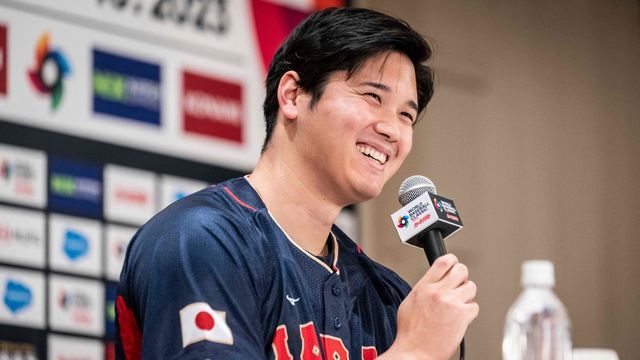 Shohei Ohtani of the Los Angeles Angels attends a press conference ahead of the 2023 World Baseball Classic tournament in Tokyo on January 6, 2023.