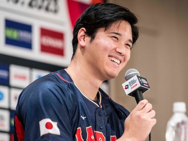 Shohei Ohtani of the Los Angeles Angels attends a press conference ahead of the 2023 World Baseball Classic tournament in Tokyo on January 6, 2023.
