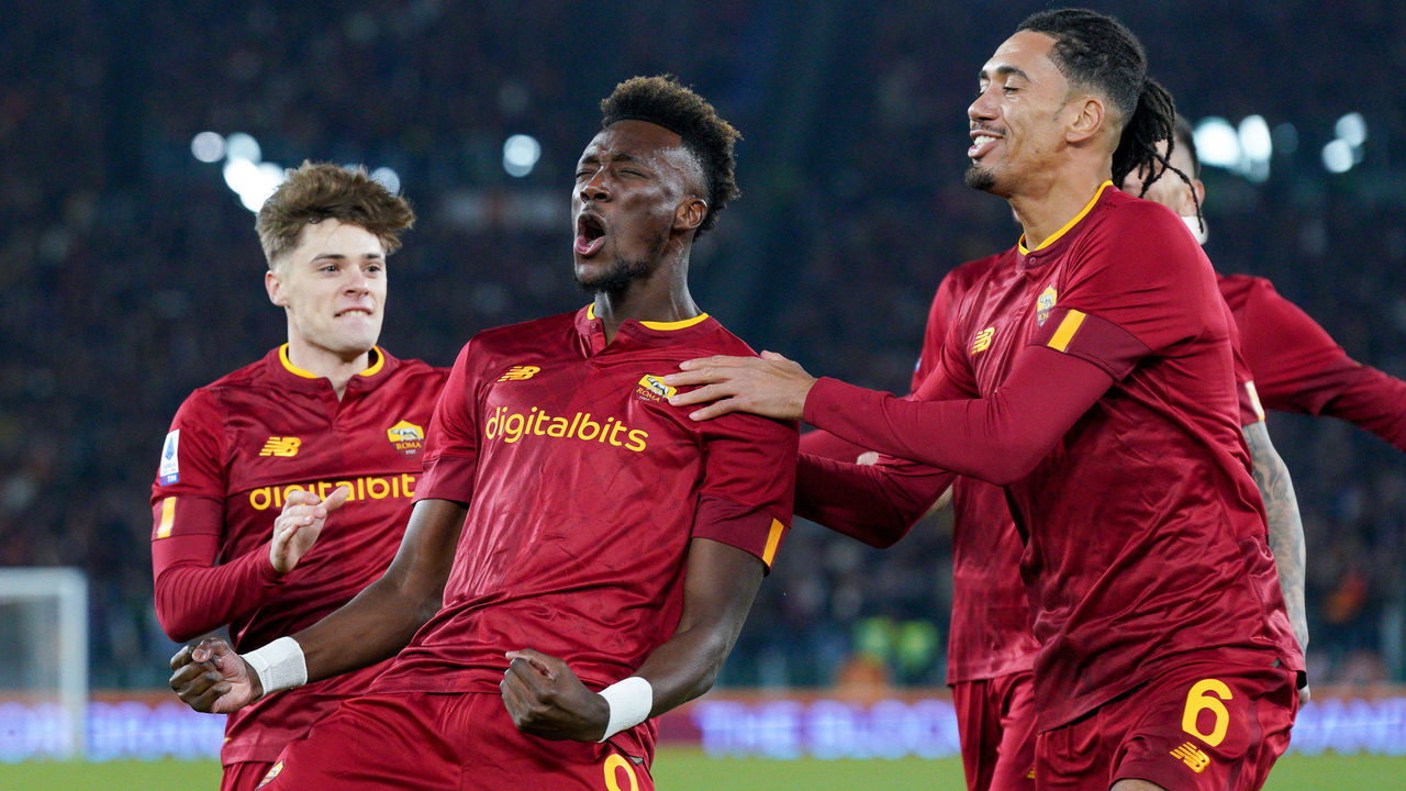 Tammy Abraham of AS Roma celebrates after scoring second goal during the Serie A match between AS Roma and Empoli FC at Stadio Olimpico, Rome, Italy on 4 February 2023.