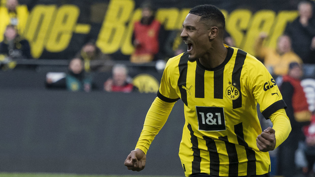 DORTMUND, GERMANY - FEBRUARY 04: Sebastien Haller of Borussia Dortmund is celebrating his goal during the Bundesliga match between Borussia Dortmund and Sport-Club Freiburg at Signal Iduna Park on February 4, 2023 in Dortmund, Germany.