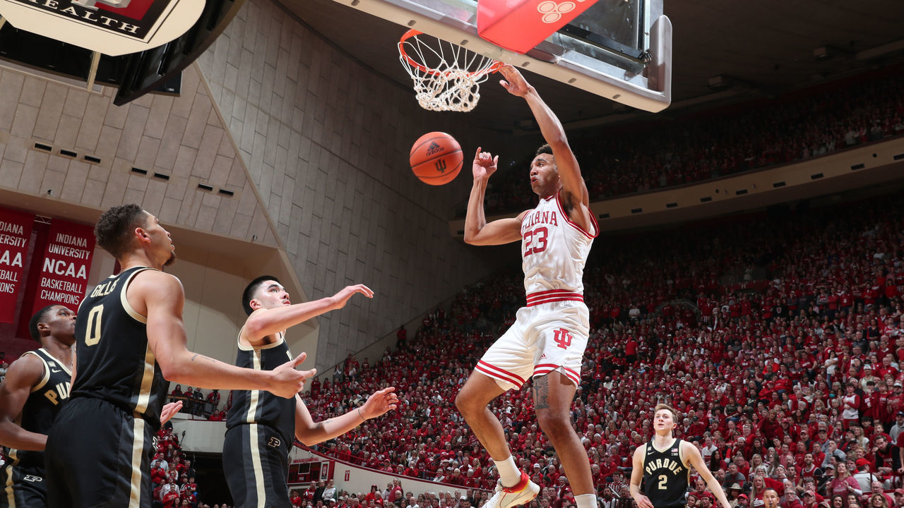 BLOOMINGTON, IN - FEBRUARY 04: Indiana Hoosiers forward Trayce Jackson-Davis (23) dunks against the Purdue Boilermakers at Assembly Hall in Bloomington, Indiana.