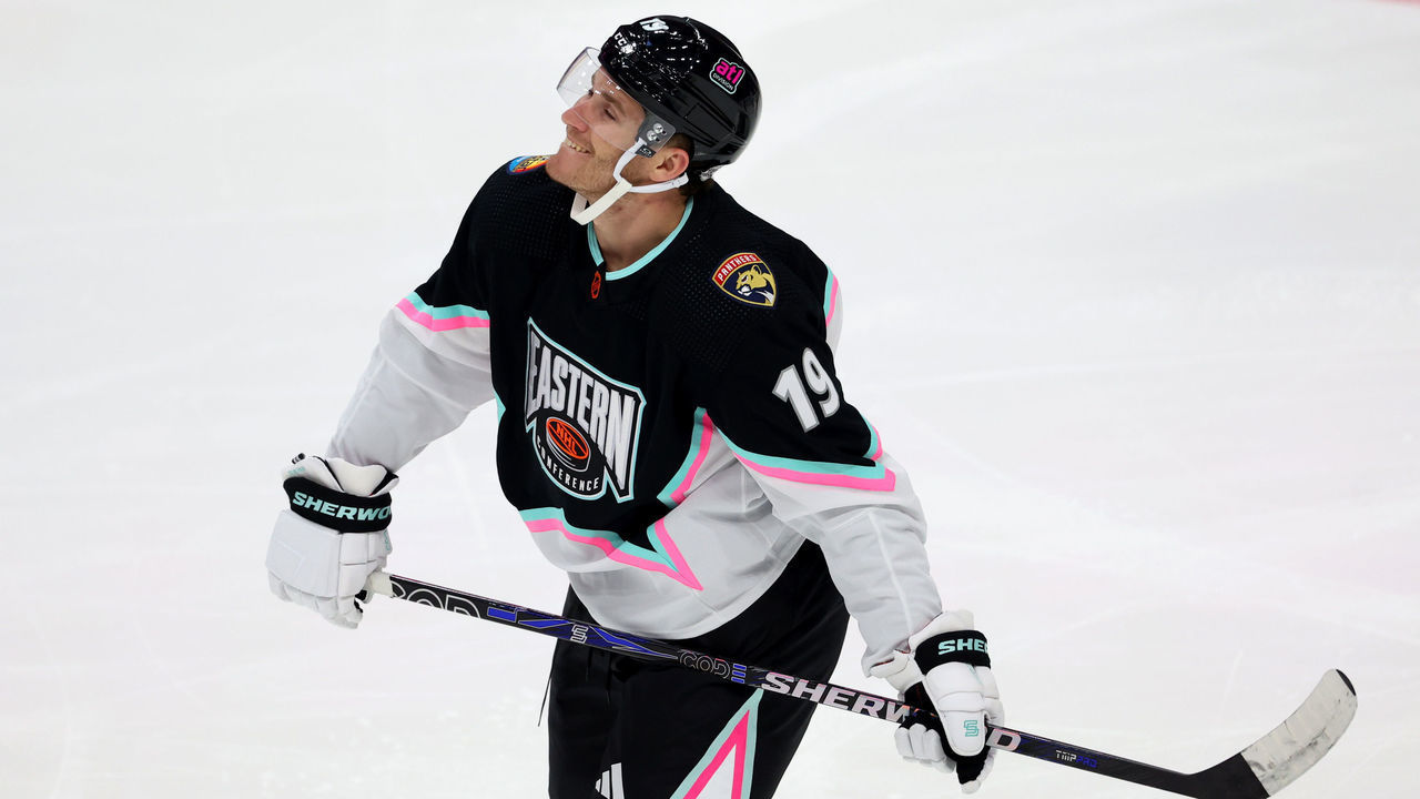 SUNRISE, FLORIDA - FEBRUARY 04: Matthew Tkachuk #19 of the Florida Panthers smiles during the 2023 NHL All-Star Game between the Central Division and the Atlantic Division at FLA Live Arena on February 04, 2023 in Sunrise, Florida.