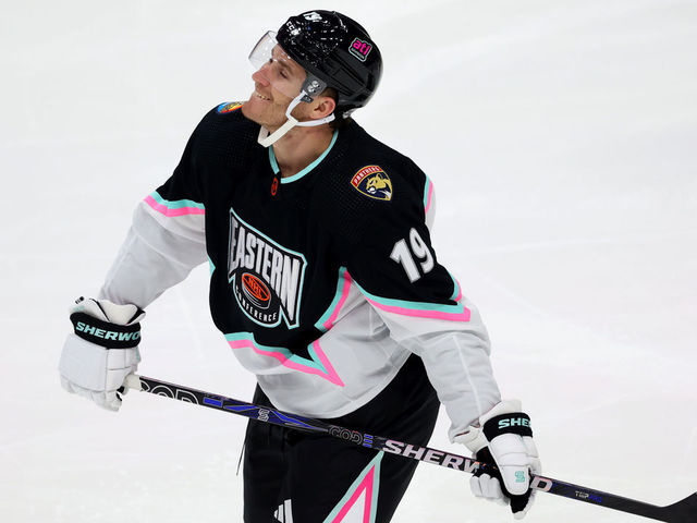 SUNRISE, FLORIDA - FEBRUARY 04: Matthew Tkachuk #19 of the Florida Panthers smiles during the 2023 NHL All-Star Game between the Central Division and the Atlantic Division at FLA Live Arena on February 04, 2023 in Sunrise, Florida.
