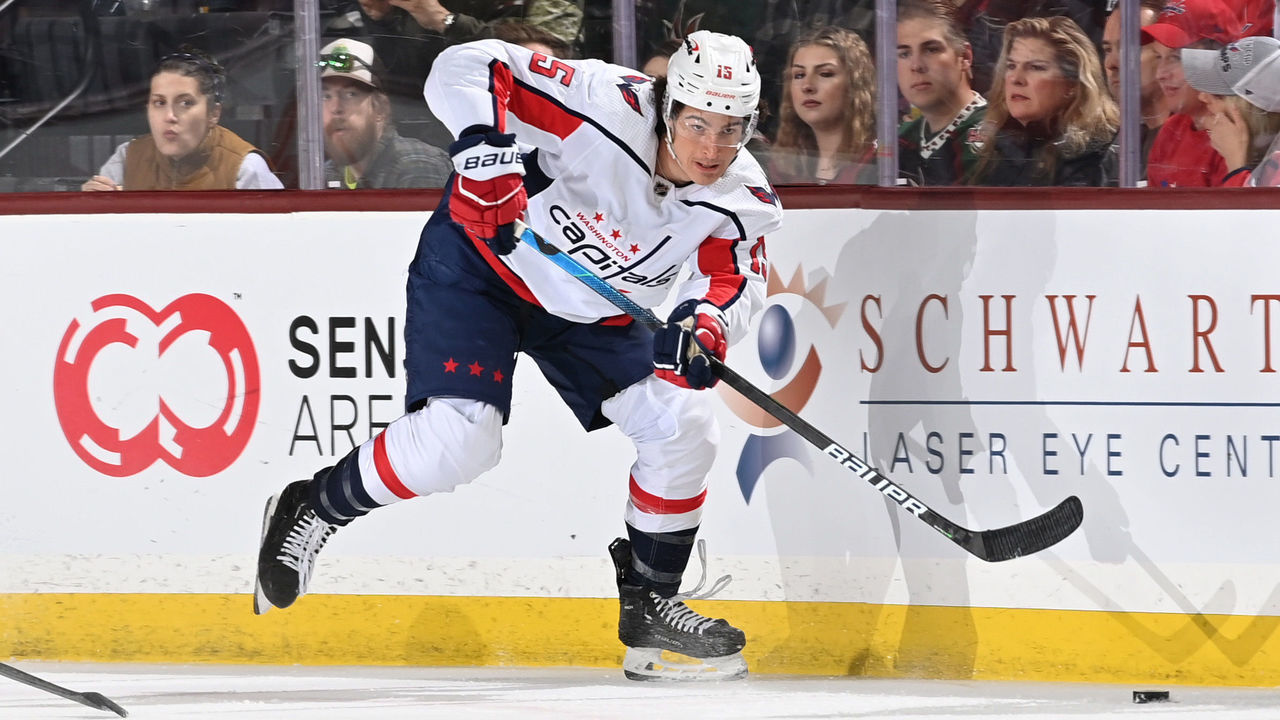 TEMPE, ARIZONA - JANUARY 19: Sonny Milano #15 of the Washington Capitals passes the puck against the Arizona Coyotes at Mullett Arena on January 19, 2023 in Tempe, Arizona.