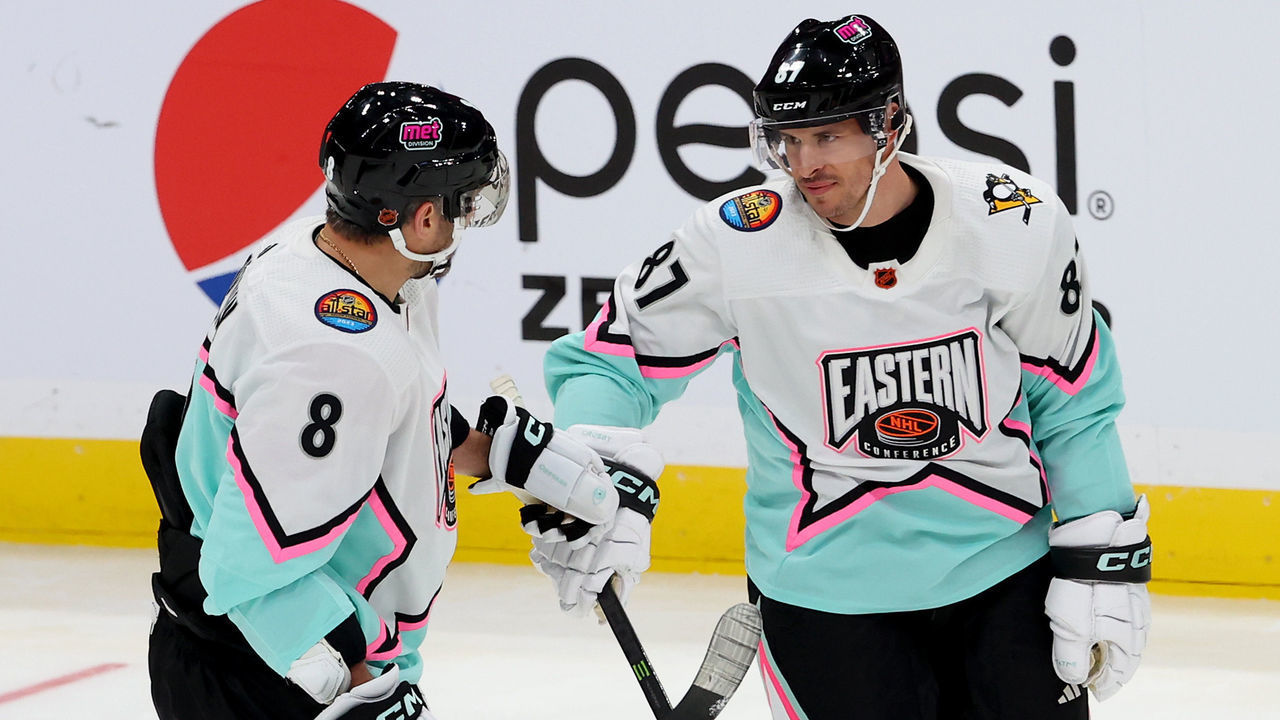 SUNRISE, FLORIDA - FEBRUARY 04: Sidney Crosby #87 of the Pittsburgh Penguins celebrates with Alex Ovechkin #8 of the Washington Capitals after scoring a goal on Linus Ullmark #35 of the Boston Bruins during the 2023 NHL All-Star Game between the Metropolitan Division and the Atlantic Division at FLA Live Arena on February 04, 2023 in Sunrise, Florida.